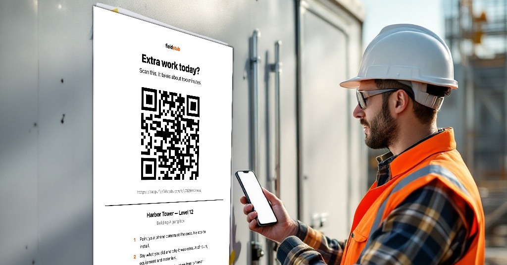 A worker in an orange high-visibility vest, white hard hat and safety glasses stands beside a site office trailer holding a phone that shows the Fieldstub capture form. Taped to the trailer beside him is the printed capture sheet, headed "Extra work today? Scan this. It takes about two minutes", with a QR code and three numbered steps below it. Scaffolding and a steel frame rise behind.