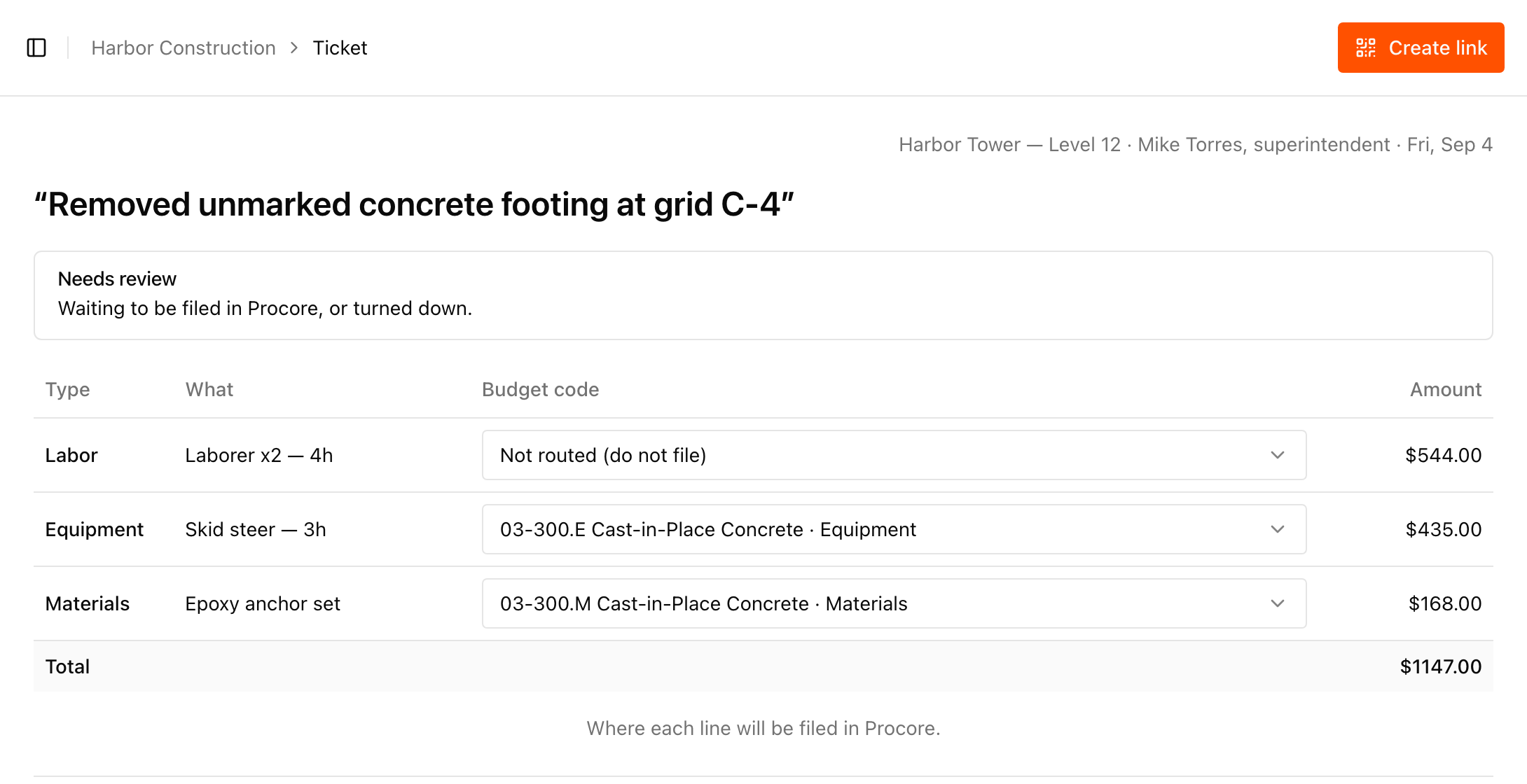 The Fieldstub review queue with a ticket open. Cost lines for labor, equipment and materials each show the Procore budget code they will be filed against, except one labor line reading "Not routed (do not file)". A warning below reads "1 line not on a budget code. Procore will accept a blank code with no warning," with an unticked checkbox labelled "File blank anyway", above Reject and Approve buttons.